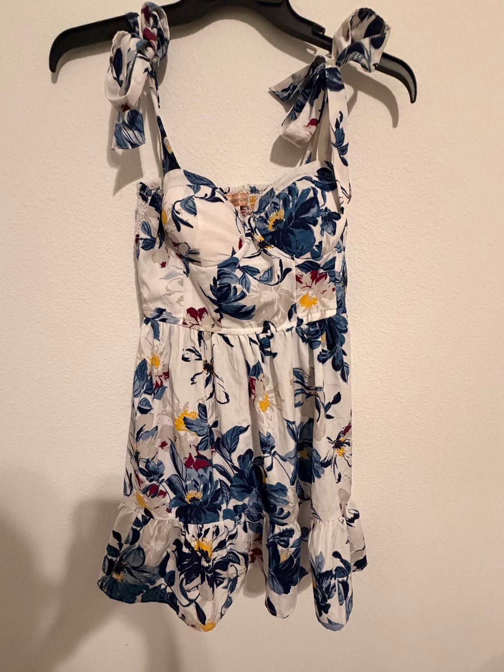 Floral Tie-Shoulder Sundress in White and Navy
